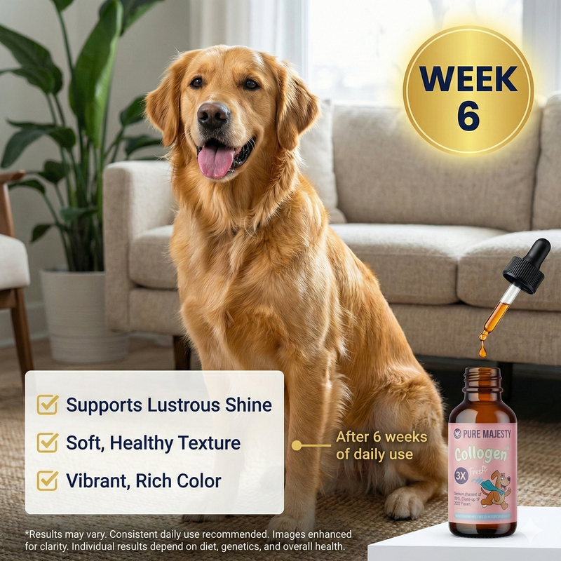 Dog coat results after weeks of Pure Majesty liquid collagen — soft, glossy, healthy-looking coat