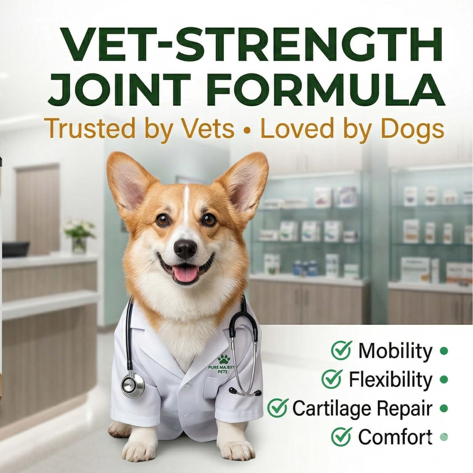 Pet supplement container with a dog and veterinarian in a clinic setting
