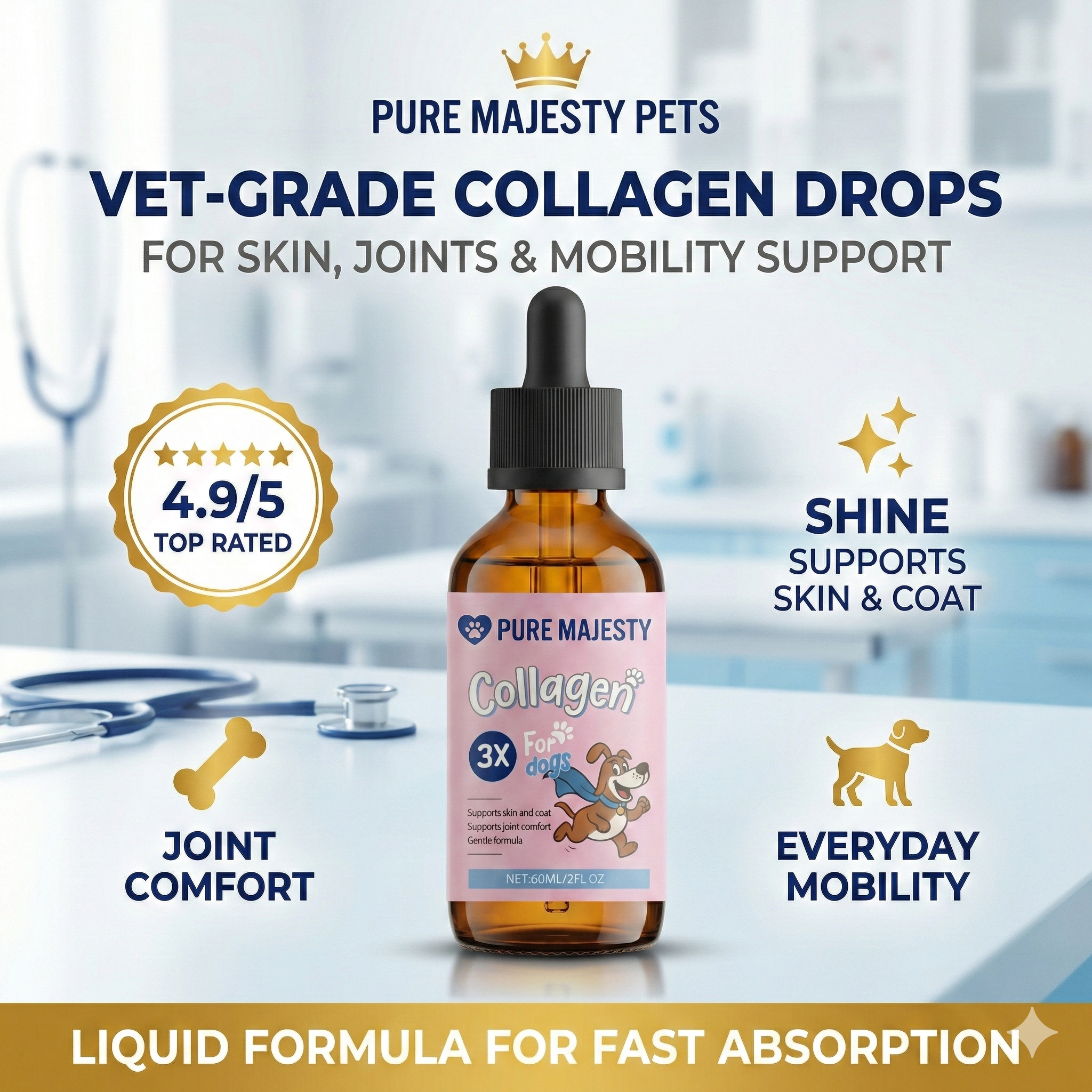 Vet-grade collagen drops for dogs – 4.9/5 top rated – liquid formula for joint comfort, mobility, skin & coat – Pure Majesty Pets