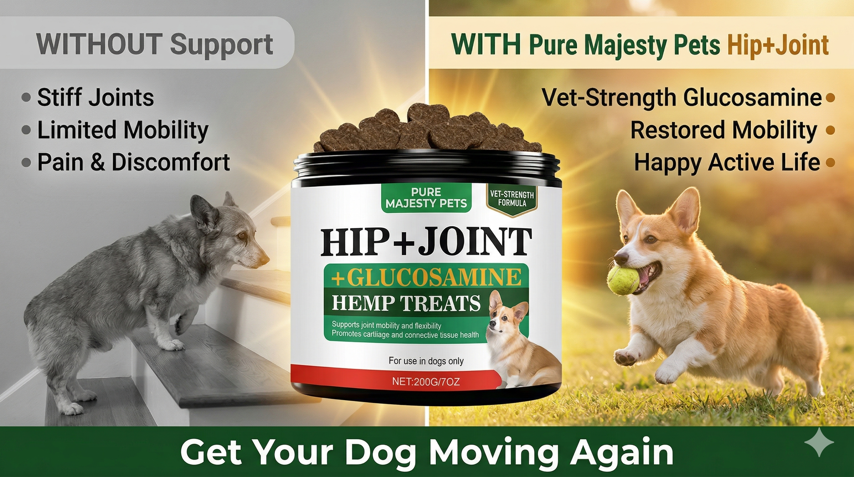 Pet supplement product for hip and joint health with images of dogs and text highlighting benefits.