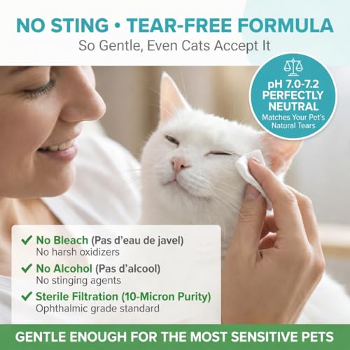 No-sting tear-free dog eye wash, pH neutral, gentle enough for cats