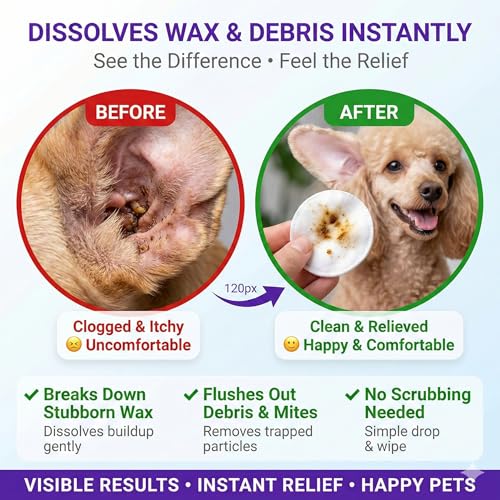 Dog ear cleaner removes wax and debris and controls yeasty odor