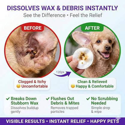 Dog ear cleaner removes wax and debris and controls yeasty odor