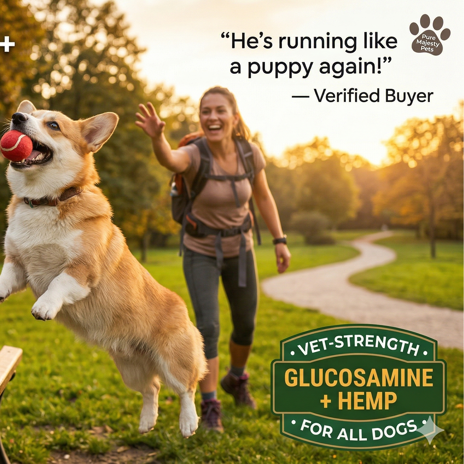 Dog jumping towards a bottle of Hip + Joint Hemp treats with a woman in the background.