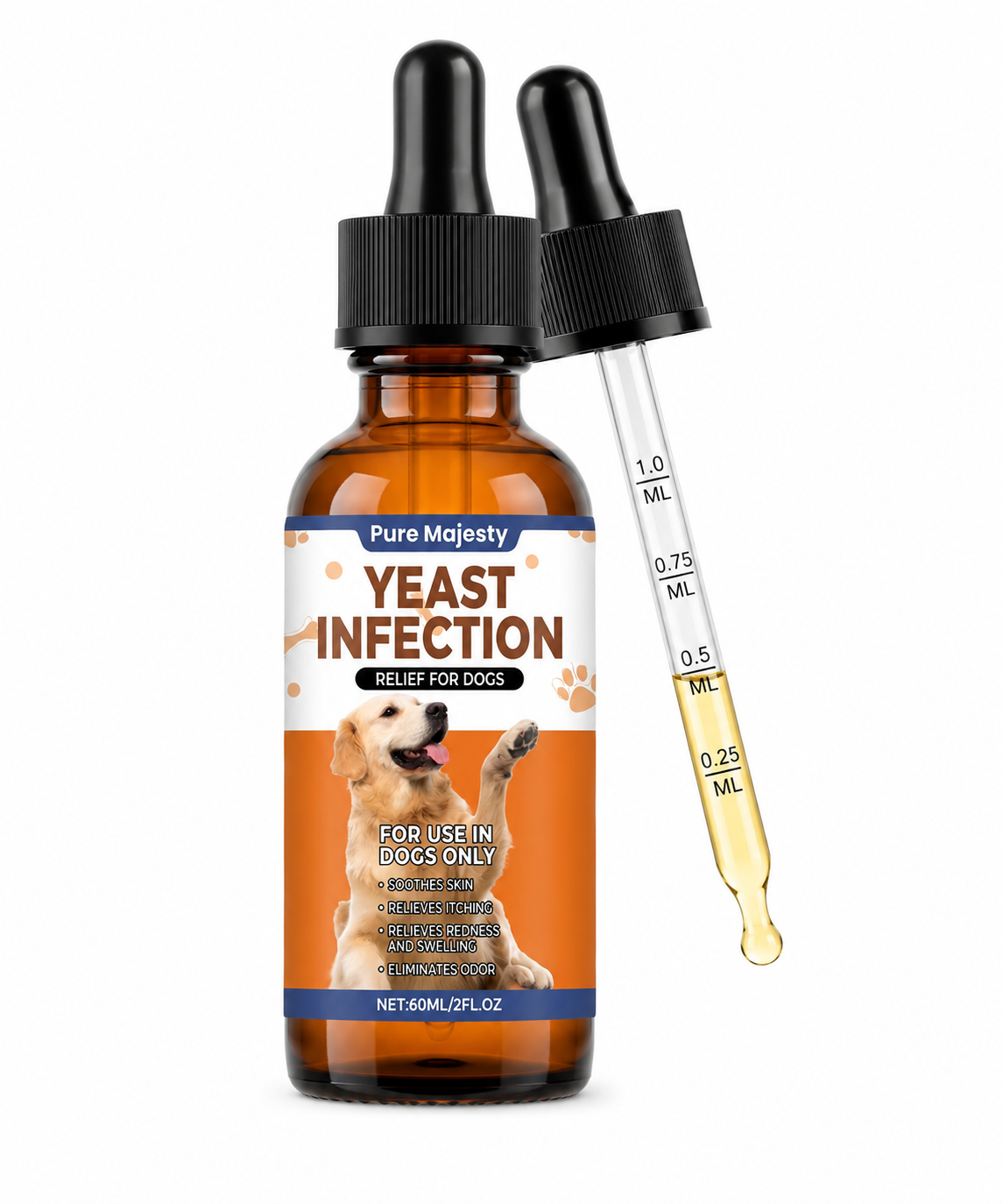 Pure Majesty Pets dog yeast infection treatment drops for itchy skin, ears and paws