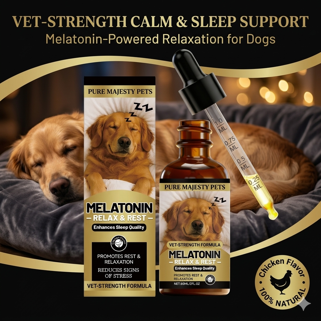 Liquid melatonin calming drops for dogs anxiety and sleep support by Pure Majesty