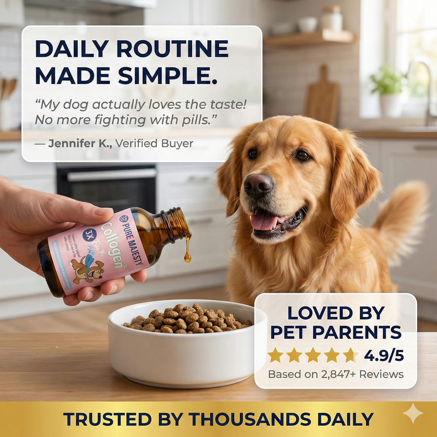 Golden Retriever eating Pure Majesty liquid collagen drops mixed into the food bowl — easy daily dog collagen routine
