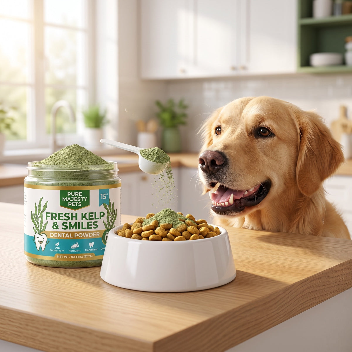 Frasco de pó dentário para cães Pure Majesty Pets ao lado de um golden retriever e de uma taça de ração