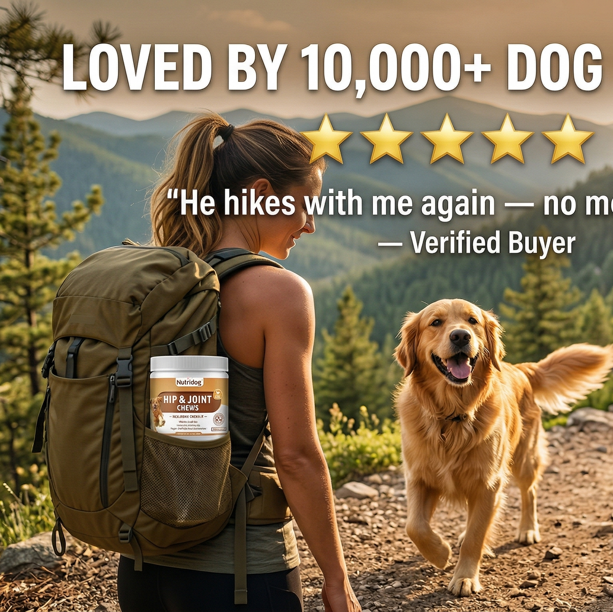 Woman with a backpack and dog on a trail, with text about 10,000+ dog parents loving the product.