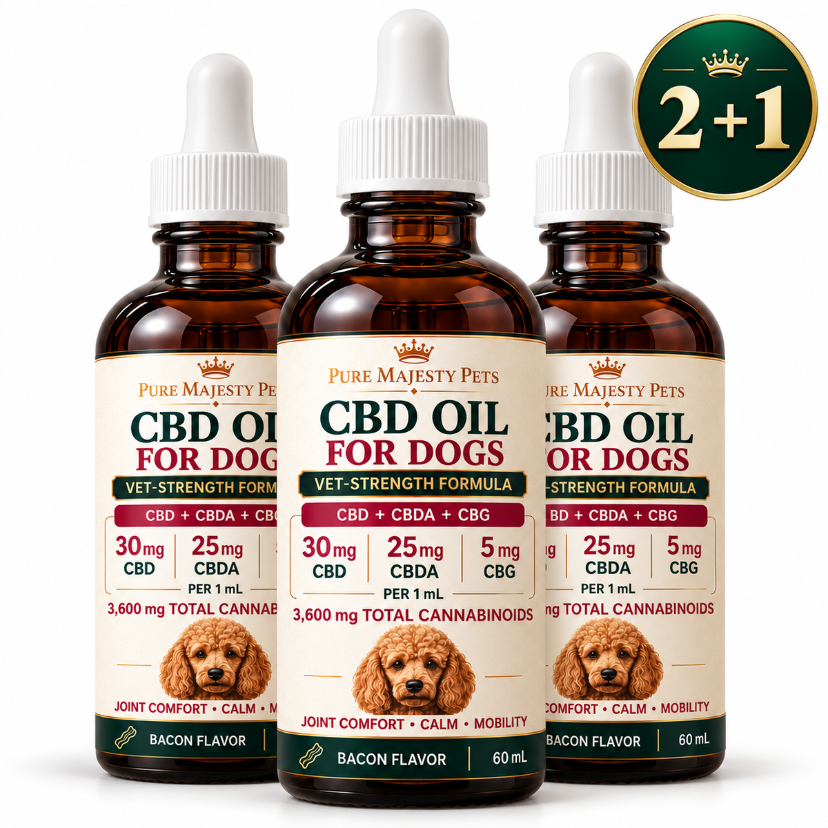Pure Majesty Pets CBD oil for dogs — three bottles, buy two get one free