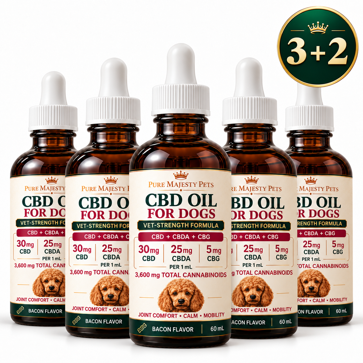 Pure Majesty Pets CBD oil for dogs — five bottles, buy three get two free