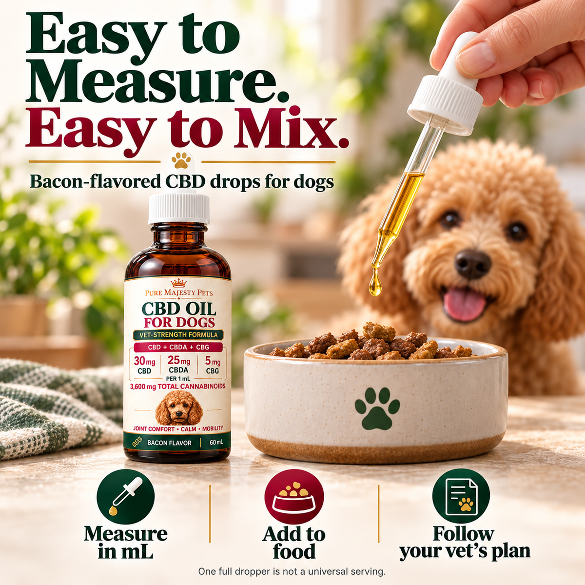 Bacon-flavored CBD drops measured and mixed with food