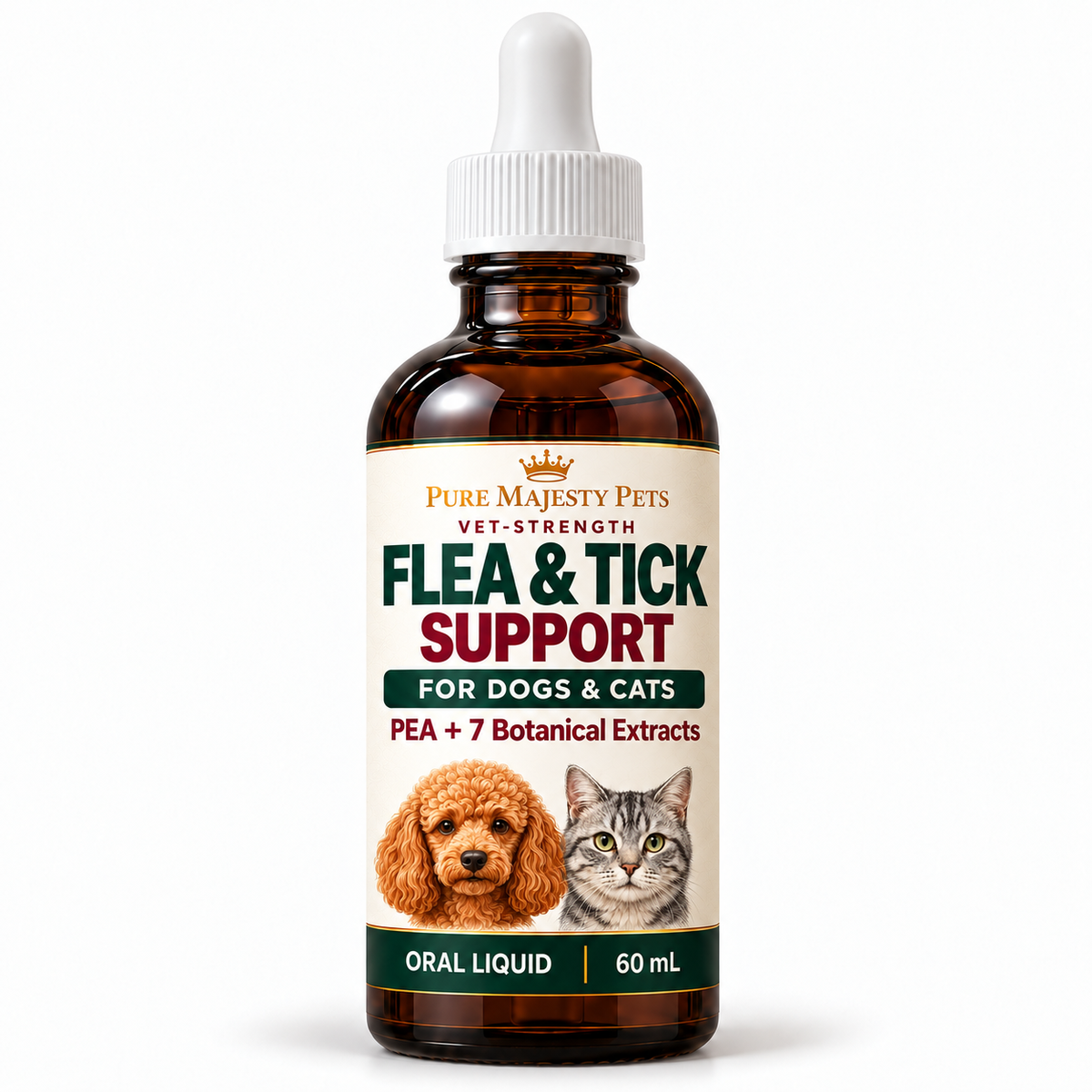 Pure Majesty Pets Vet-Strength Flea and Tick Support for dogs and cats in a 60 mL amber glass dropper bottle