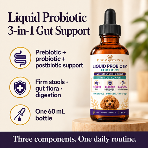 Pure Majesty Pets Liquid Probiotic — hero benefits and formula