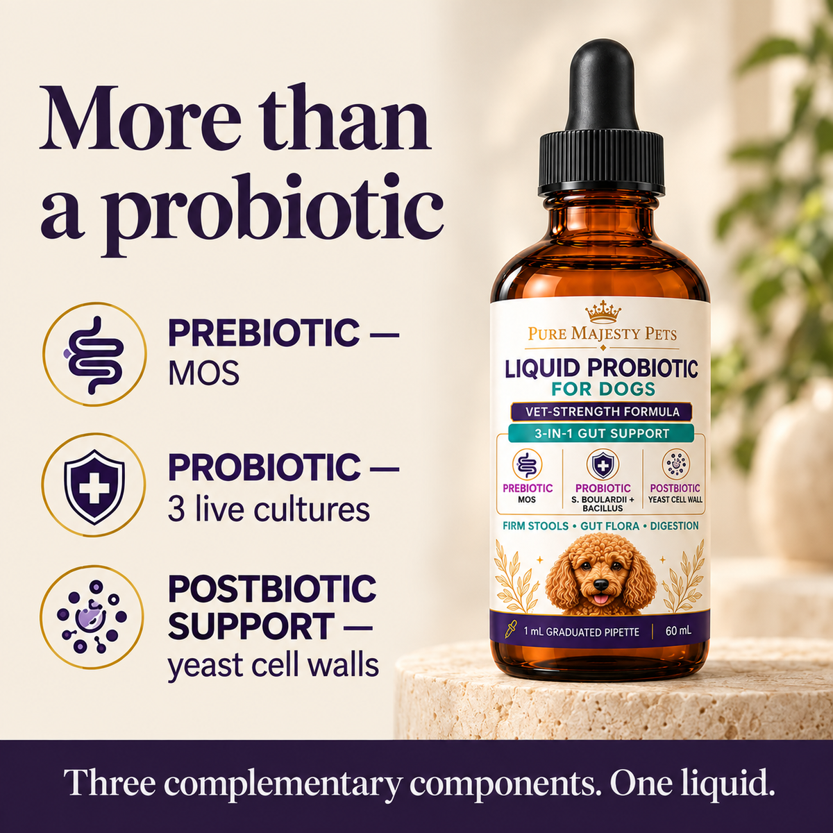 Pure Majesty Pets Liquid Probiotic — three benefits and formula