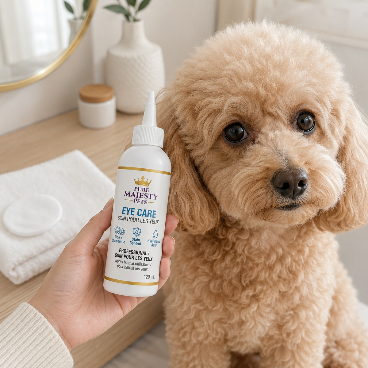 Gentle daily dog eye drops routine with Pure Majesty Pets Eye Care