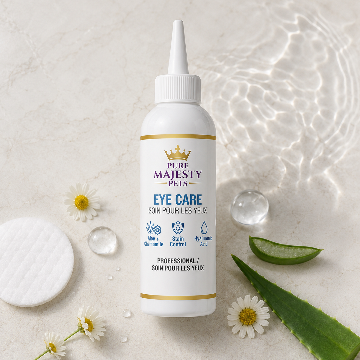 Dog eye drops with aloe chamomile and hydrating formula cues
