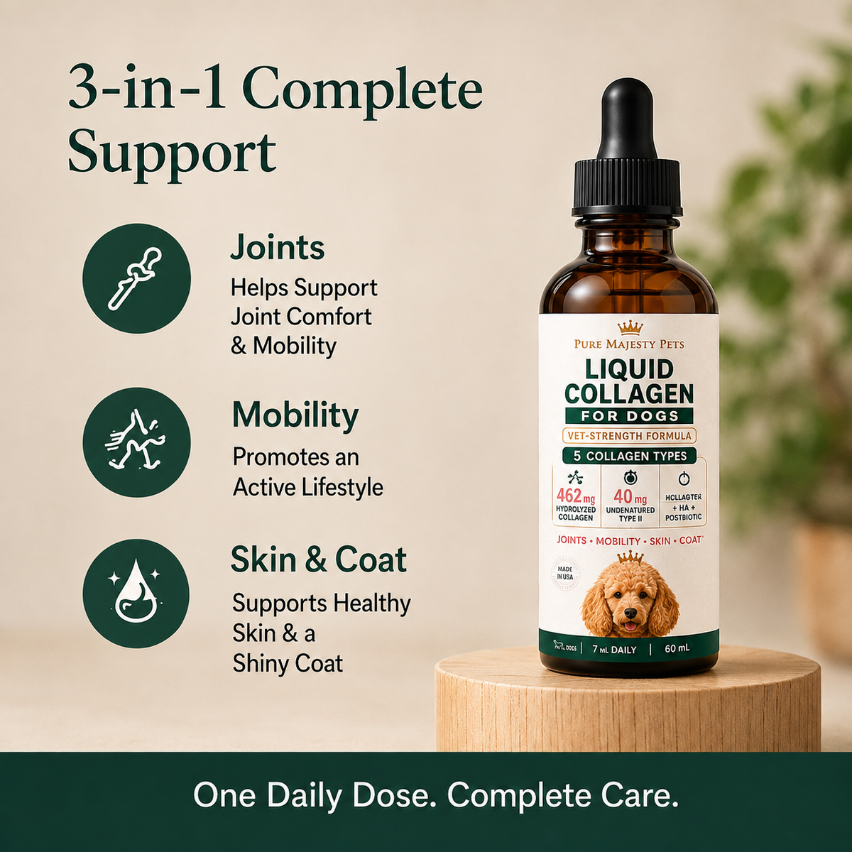 Three-in-one liquid collagen support for dog joints, mobility, skin and coat