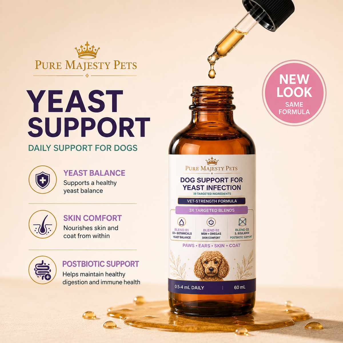 Pure Majesty Pets Dog Support for Yeast Infection new-look bottle for paws, ears, skin and coat