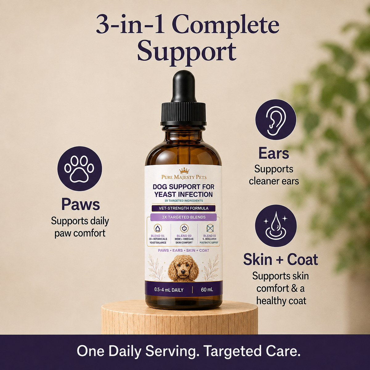 Three-in-one dog yeast support for paws, ears, skin and coat