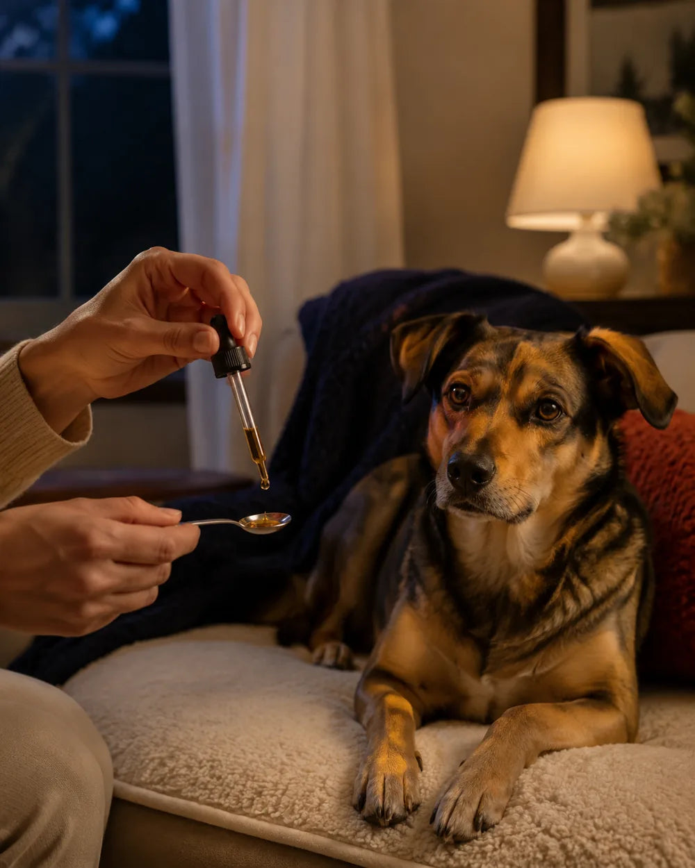 Owner measuring liquid melatonin for a dog with a dropper in the evening