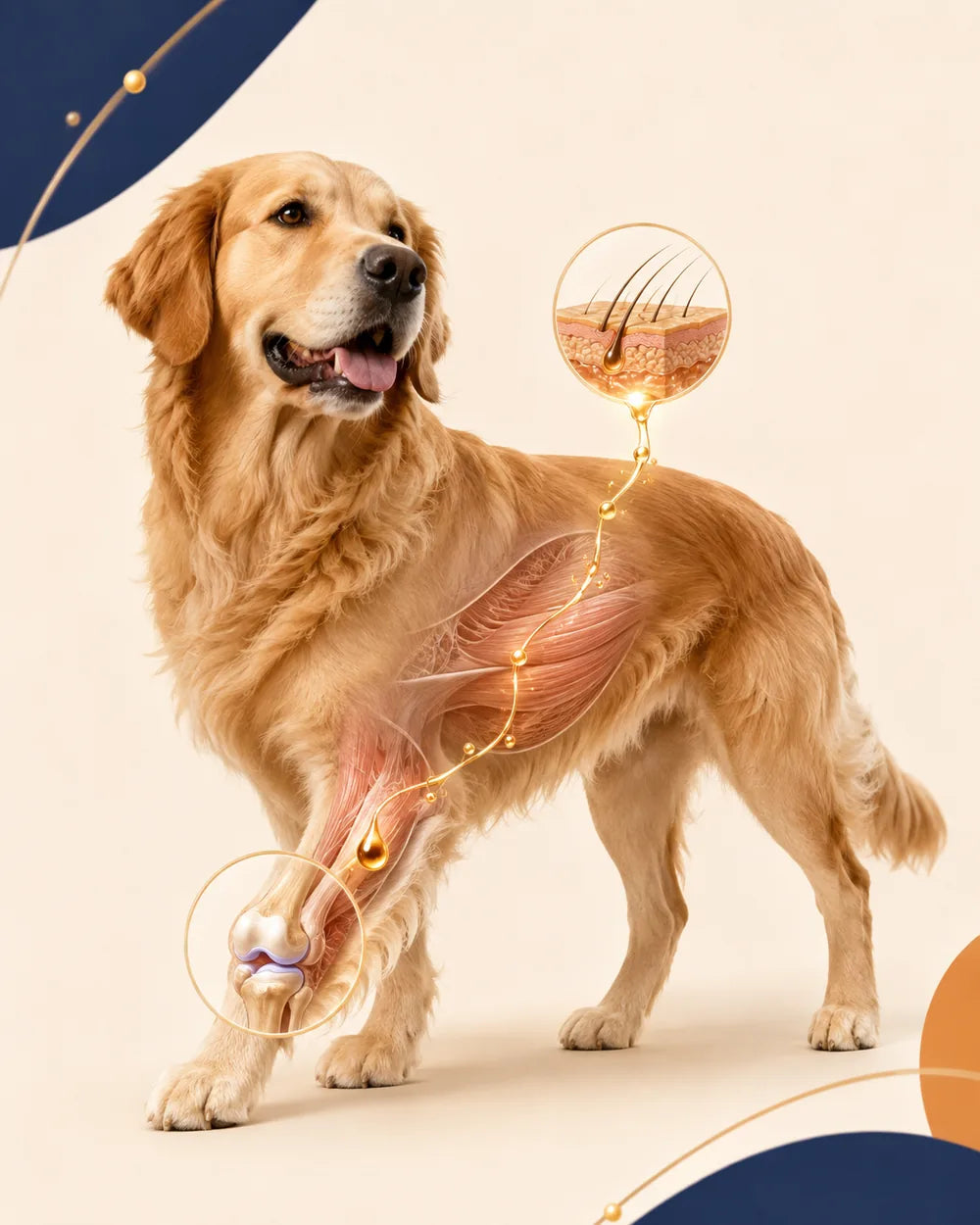 Golden retriever que muestra dónde apoya el colágeno la piel, el pelaje y el cartílago articular