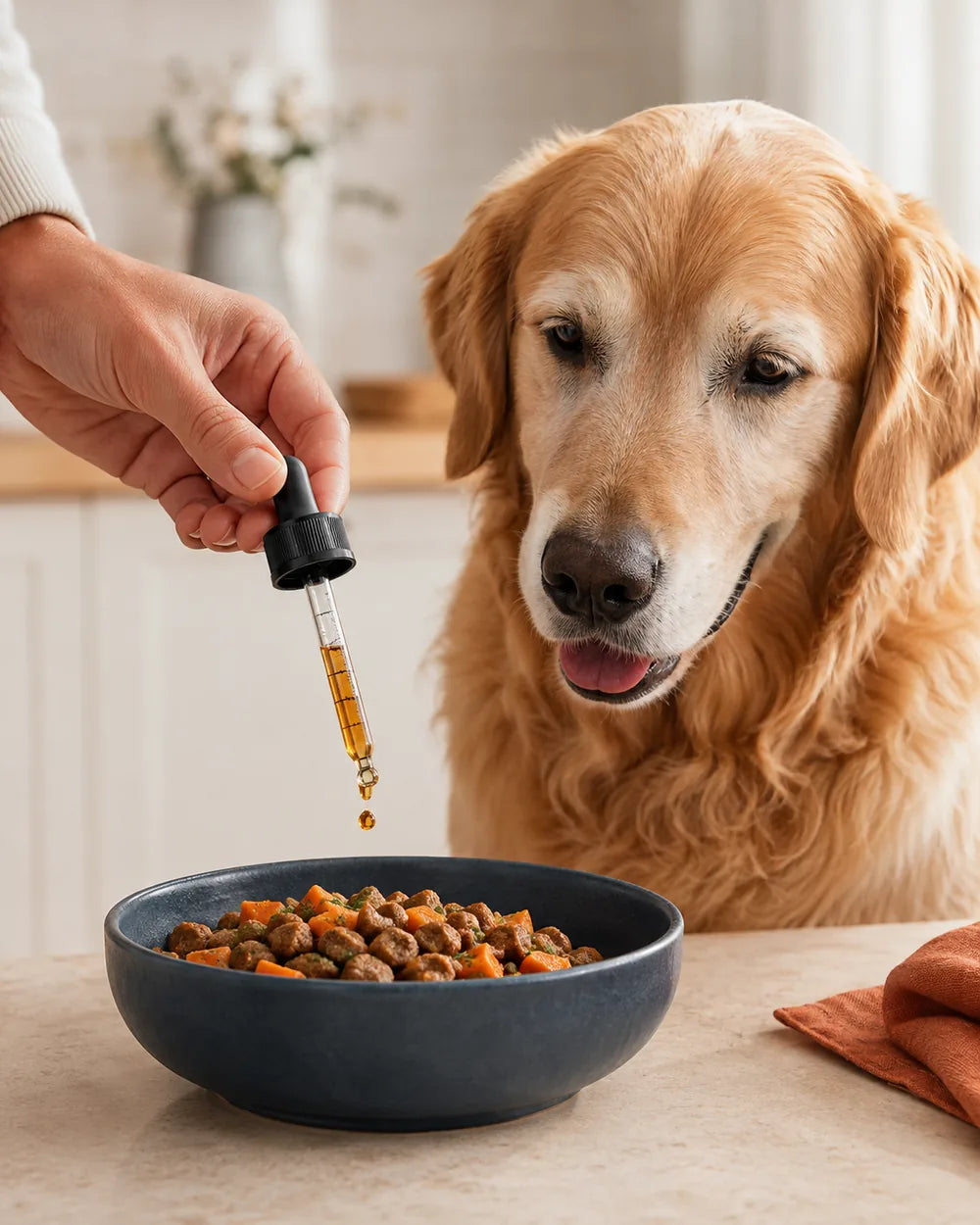 Colágeno líquido para perros dosificado con un cuentagotas sobre un cuenco de comida