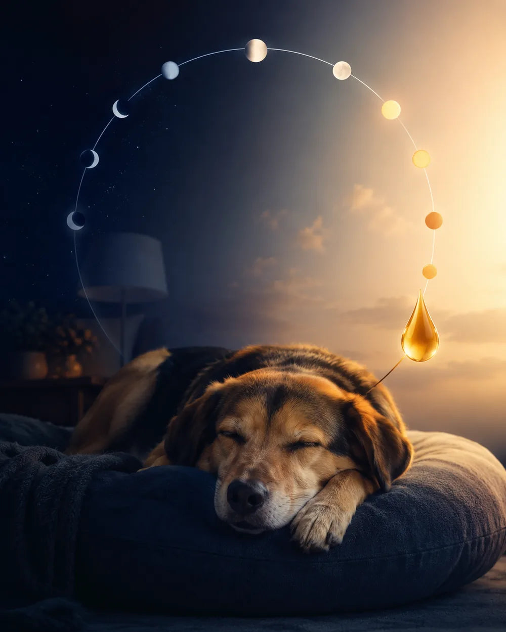 Dog asleep on a cushion beneath a sleep-wake cycle illustration